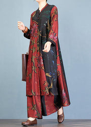 Autumn large size retro long coat jacket loose wide leg pants red printed two-piece suit - SooLinen