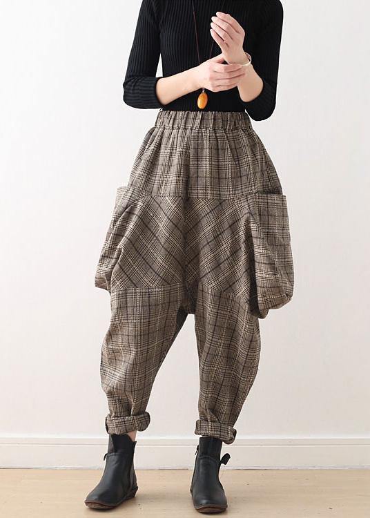 Fall new style retro large size warm knitted brown plaid Harlan bloomers - SooLinen