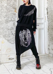 Autumn suit ming casual black printed long-sleeved sweater harem pants two-piece suit - SooLinen