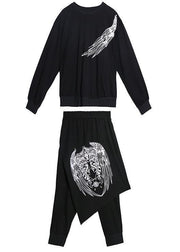 Autumn suit ming casual black printed long-sleeved sweater harem pants two-piece suit - SooLinen