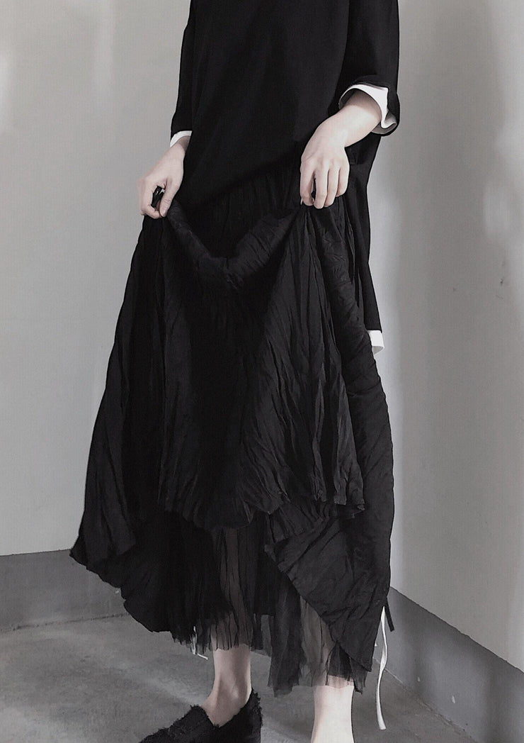 BLACK PLEATED Double Layer Design With Elastic Waist Skirt On Both Sides - SooLinen