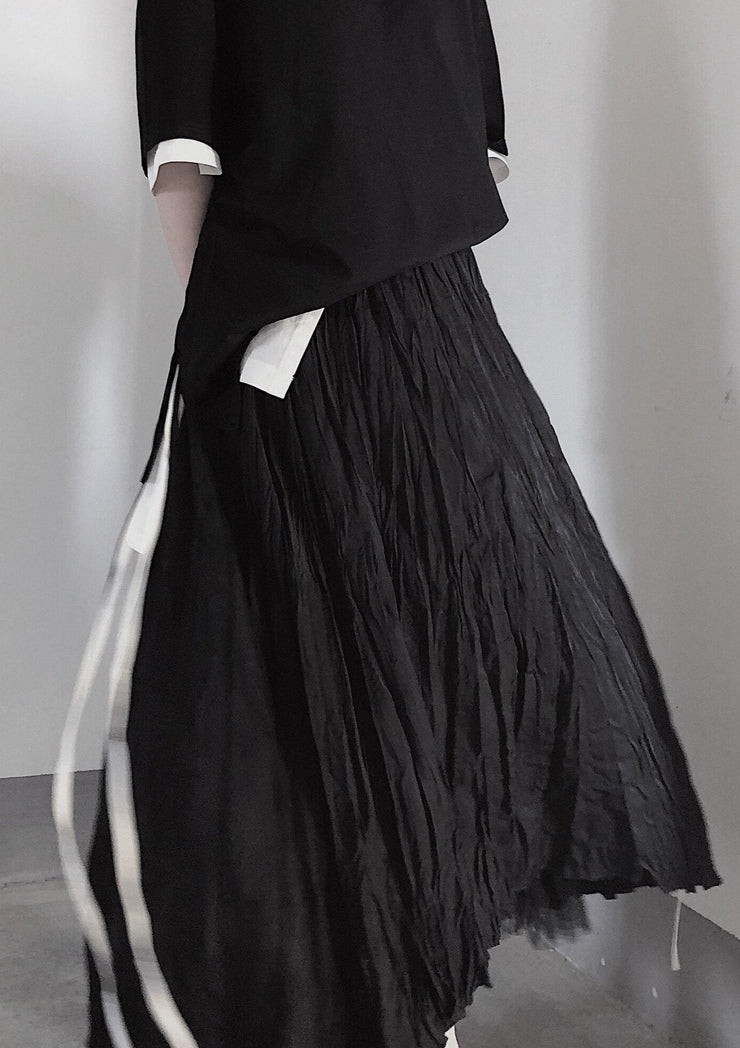 BLACK PLEATED Double Layer Design With Elastic Waist Skirt On Both Sides - SooLinen