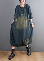 Baggy Blue O-Neck Pockets Patchwork Denim Dresses Half Sleeve