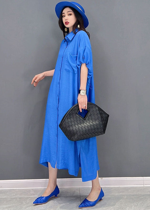 Baggy Blue Solid Peter Pan Collar Oversized Cotton And Linen Shirt Dress Short Sleeve