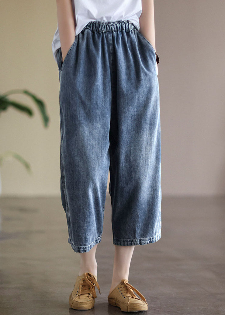 Baggy Light Blue Elastic Waist Pockets Denim Cotton Wide Leg Pants Summer