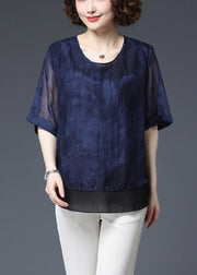 Baggy Navy O-Neck Patchwork-Chiffon-Bluse Top Half Sleeve