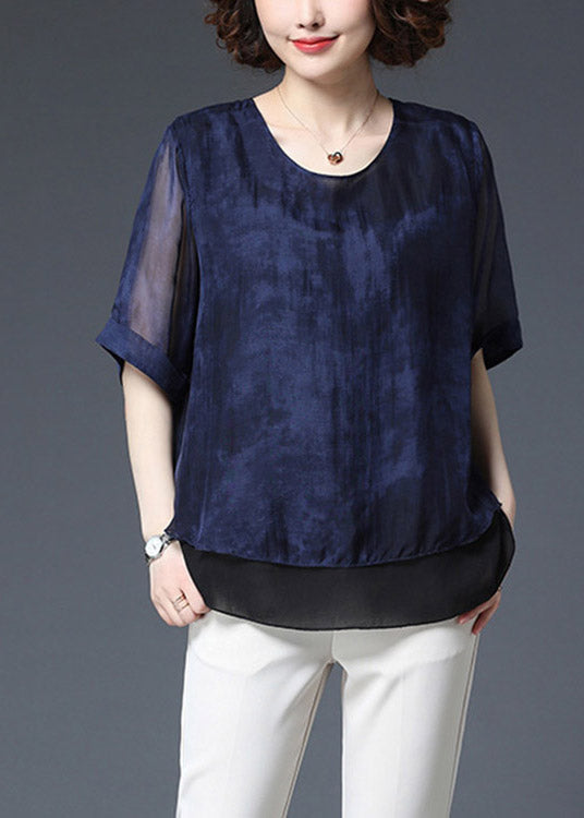 Baggy Navy O-Neck Patchwork-Chiffon-Bluse Top Half Sleeve