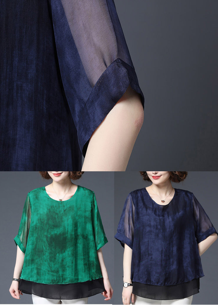 Baggy Navy O-Neck Patchwork-Chiffon-Bluse Top Half Sleeve