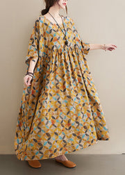 Baggy Yellow O-Neck wrinkled Leaf Print Linen Ankle Dress Half Sleeve