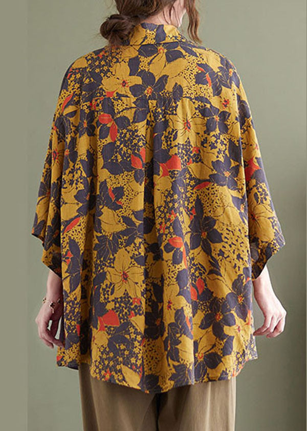 Baggy Yellow Peter Pan Collar Print Linen Shirt Top Half Sleeve