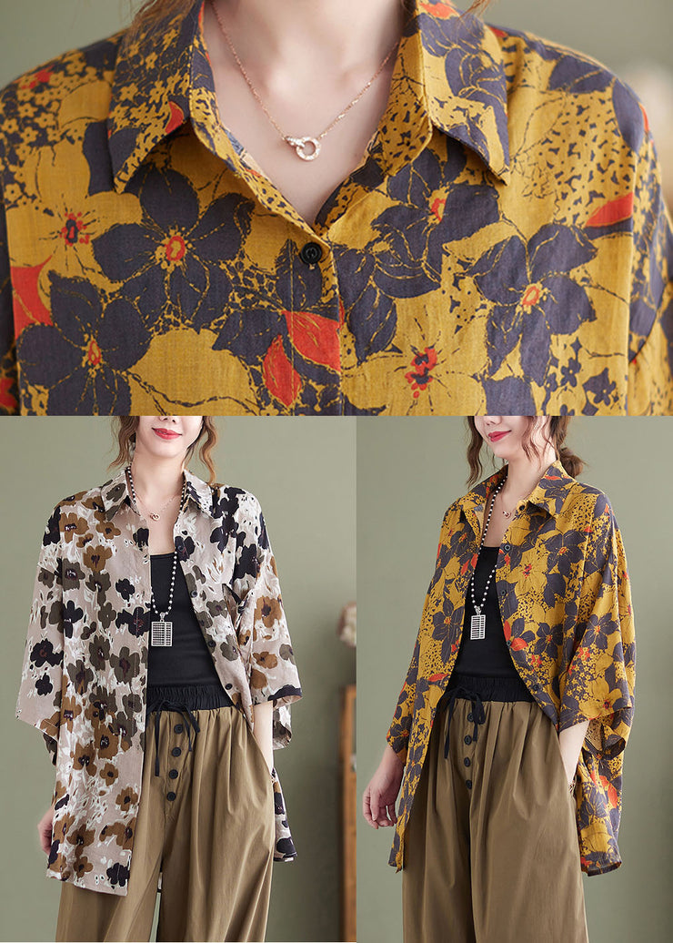 Baggy Yellow Peter Pan Collar Print Linen Shirt Top Half Sleeve