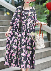 Beach Black Print Chiffon Clothes Plus Size Ideas O Neck Half Sleeve Summer Dress - SooLinen