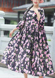 Beach Black Print Chiffon Clothes Plus Size Ideas O Neck Half Sleeve Summer Dress - SooLinen