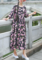 Beach Black Print Chiffon Clothes Plus Size Ideas O Neck Half Sleeve Summer Dress - SooLinen