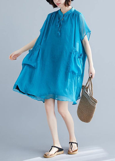 Beach stand collar pockets chiffon stylish Fabrics blue Love Dresses Summer - SooLinen