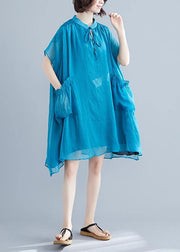 Beach stand collar pockets chiffon stylish Fabrics blue Love Dresses Summer - SooLinen