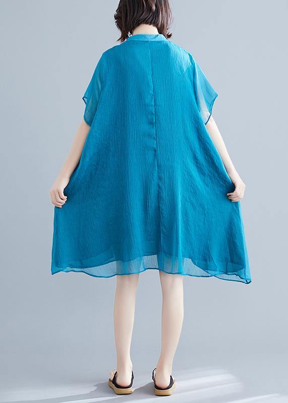 Beach stand collar pockets chiffon stylish Fabrics blue Love Dresses Summer - SooLinen