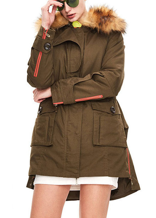 Beautiful Army Green hooded Fur collar tasseled drawstring Winter Duck Down Jacket