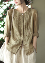 Beautiful Bean Green Solid O-Neck Button Linen Shirts Long Sleeve