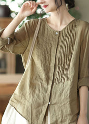 Beautiful Bean Green Solid O-Neck Button Linen Shirts Long Sleeve