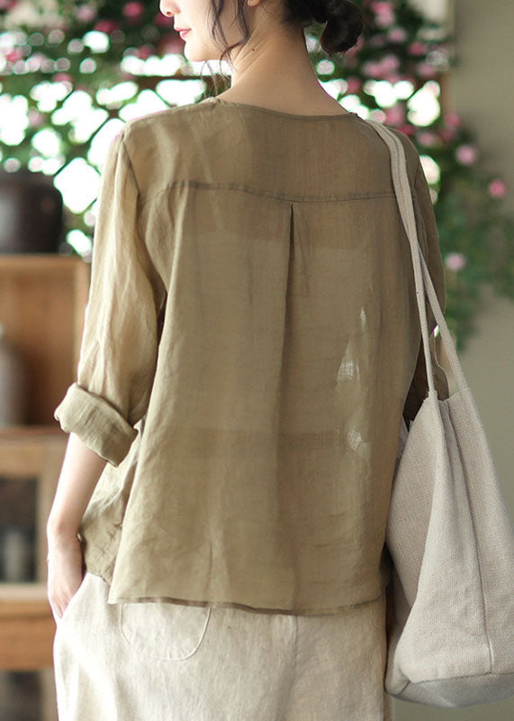 Beautiful Bean Green Solid O-Neck Button Linen Shirts Long Sleeve