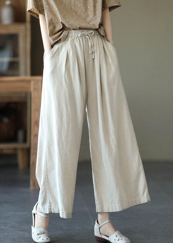 Beautiful Beige Elastic Waist tie waist Wide Leg Pants Linen - SooLinen