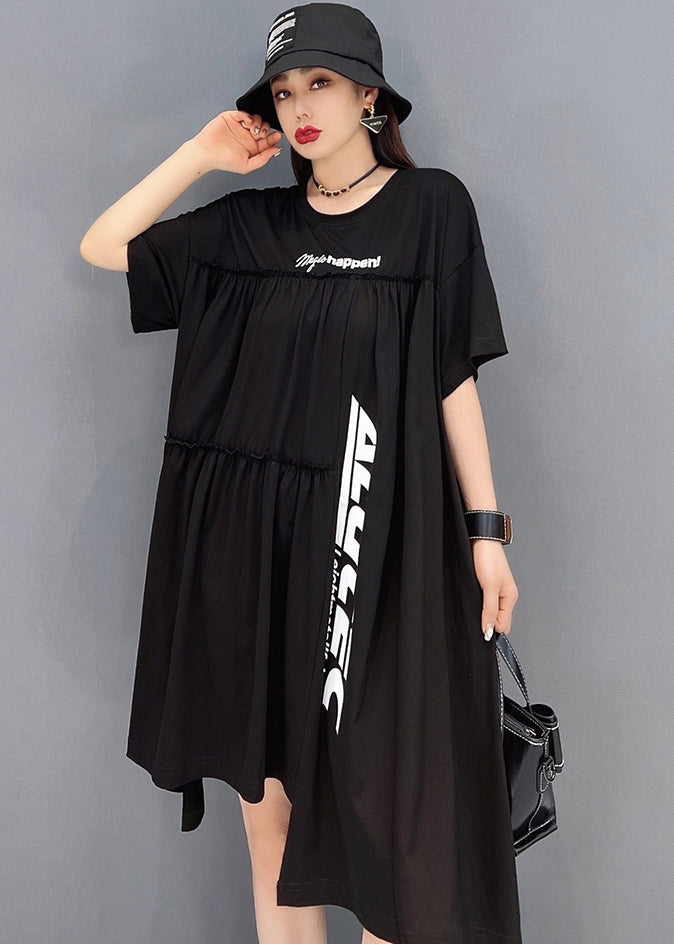 Beautiful Black Asymmetrical Wrinkled Letter Print Cotton Streetwear Dresses Short Sleeve