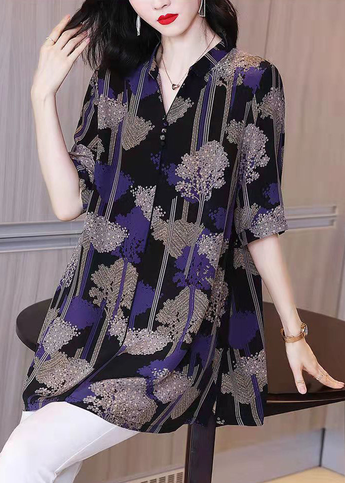 Beautiful Black Button Peter Pan Collar Print Chiffon Shirt Tops Half Sleeve