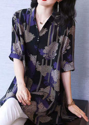 Beautiful Black Button Peter Pan Collar Print Chiffon Shirt Tops Half Sleeve