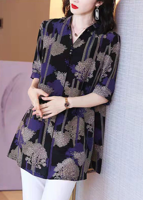 Beautiful Black Button Peter Pan Collar Print Chiffon Shirt Tops Half Sleeve