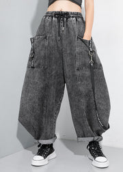 Beautiful Black Grey Cinched Patchwork denim Pants Trousers Spring