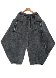 Beautiful Black Grey Cinched Patchwork denim Pants Trousers Spring