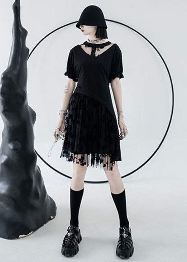 Beautiful Black O-Neck Asymmetrical Design Tulle Cotton Mid Dress Summer