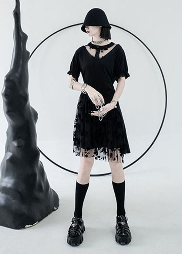 Beautiful Black O-Neck Asymmetrical Design Tulle Cotton Mid Dress Summer