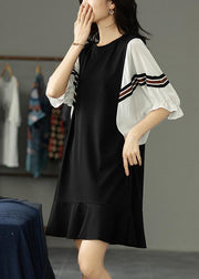 Beautiful Black Patchwork Batwing Sleeve Summer Cotton Dress - SooLinen