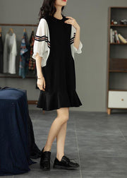 Beautiful Black Patchwork Batwing Sleeve Summer Cotton Dress - SooLinen