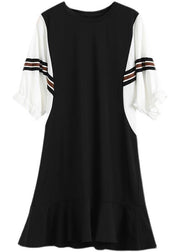 Beautiful Black Patchwork Batwing Sleeve Summer Cotton Dress - SooLinen