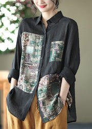 Beautiful Black Peter Pan Collar Print Linen Shirt Long Sleeve