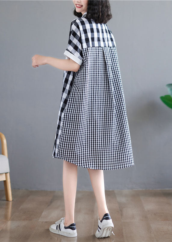 Beautiful Black White Plaid Peter Pan Collar Asymmetrical Design Patchwork Cotton Shirt Dress Short Sleeve