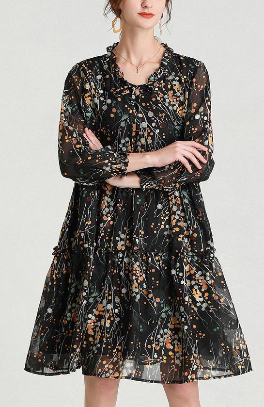 Beautiful Black Yellow Print Bow Party Summer Chiffon Dress - SooLinen