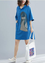 Beautiful Blue Appliques Cotton hooded Summer Party Dress - SooLinen