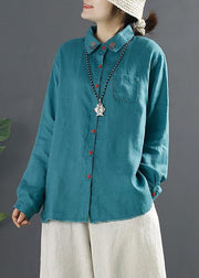 Beautiful Blue Blouses For Women Lapel Embroidery Baggy Blouse - SooLinen