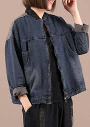 Beautiful Blue Denim Zippered Pockets Fall Coat Long Sleeve