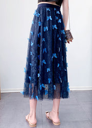 Beautiful Blue Elastic Waist Tulle Jacquard Fall Skirt