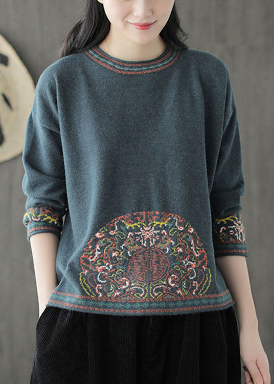 Beautiful Blue Green O-Neck Jacquard Fall Knit Sweater