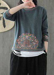 Beautiful Blue Green O-Neck Jacquard Fall Knit Sweater