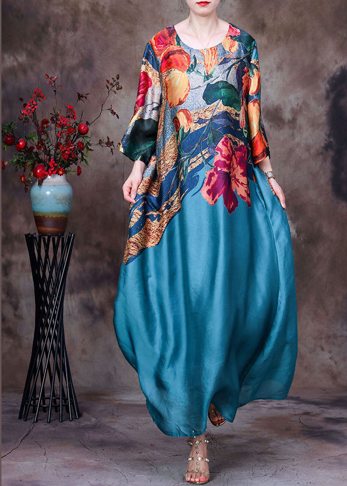 Beautiful Blue O-Neck Print 2024 Silk Long Dress Bracelet Sleeve