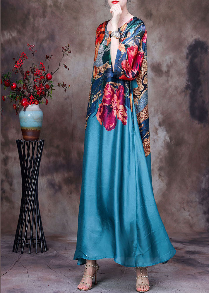 Beautiful Blue O-Neck Print 2024 Silk Long Dress Bracelet Sleeve