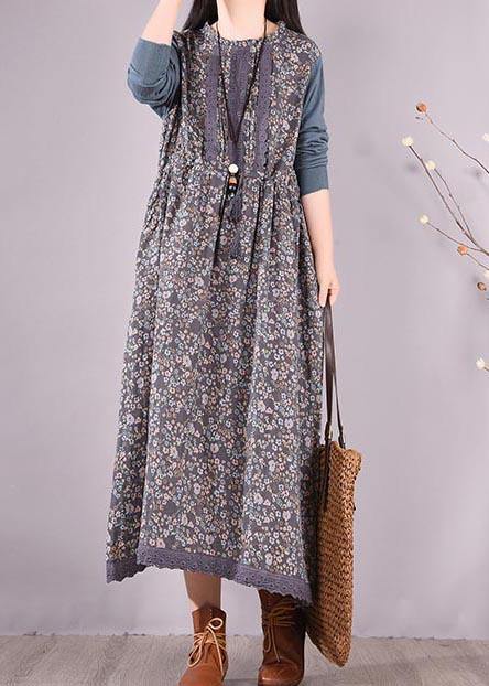 Beautiful Blue Patchwork Print Dresses O Neck Lace Robe Spring Dresses - SooLinen