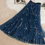 Beautiful Blue Print tulle Pleated  Skirts Summer